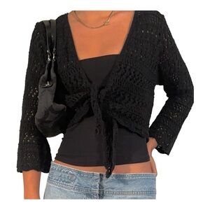 Pretty Woman Black Crochet Tie-Front Cover-Up